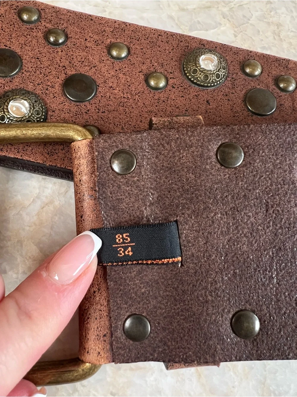 Nanny (Made in Italy) Brown Studded Leather Belt with Antique Brass Buckle